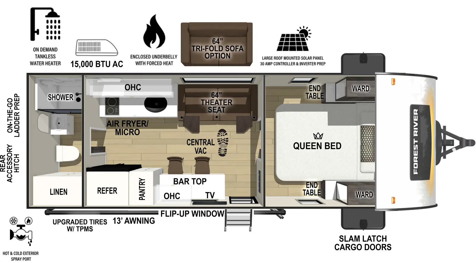 The r-pod RP-207 floorplan has one entry and zero slide outs. Exterior features include: fiberglass exterior and 13' awning. Interiors features include: front bedroom and rear bathroom.